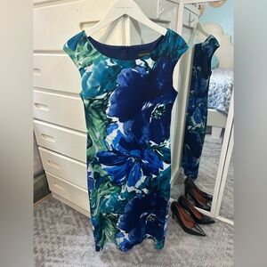 Gorgeous Blue Green Midi Professional Formal Cocktail Floral Print Sheath Dress✨